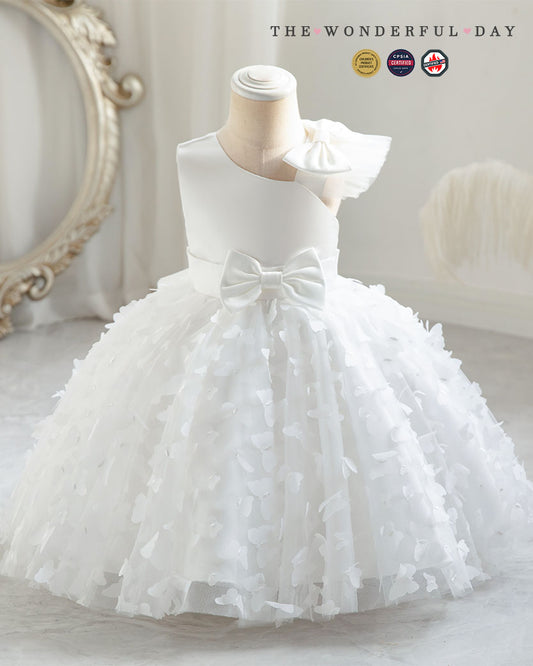 3D Butterfly Appliqué Asymmetric Sleeve Princess Dress with Waist Bow