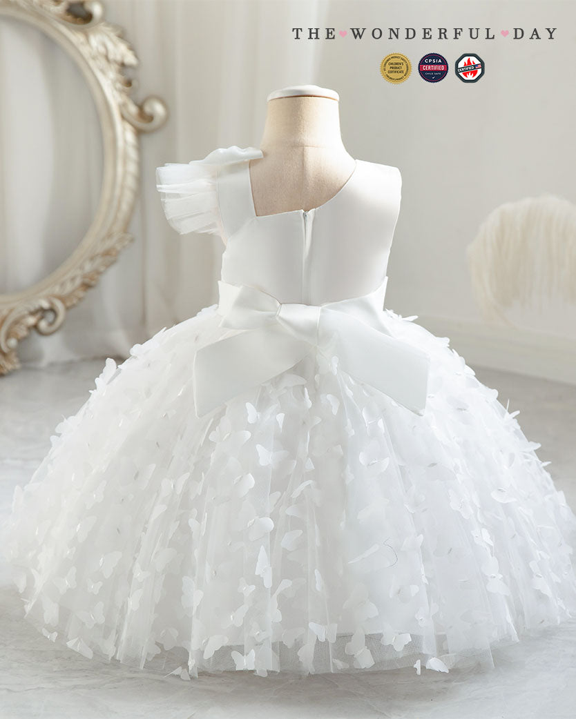 3D Butterfly Appliqué Asymmetric Sleeve Princess Dress with Waist Bow