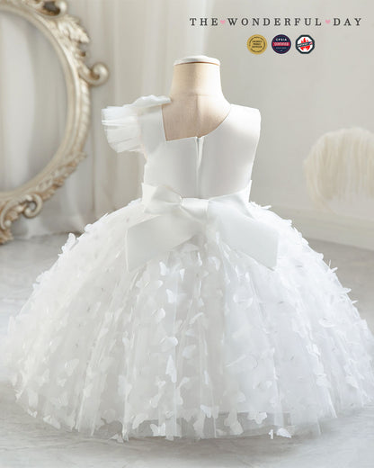 3D Butterfly Appliqué Asymmetric Sleeve Princess Dress with Waist Bow