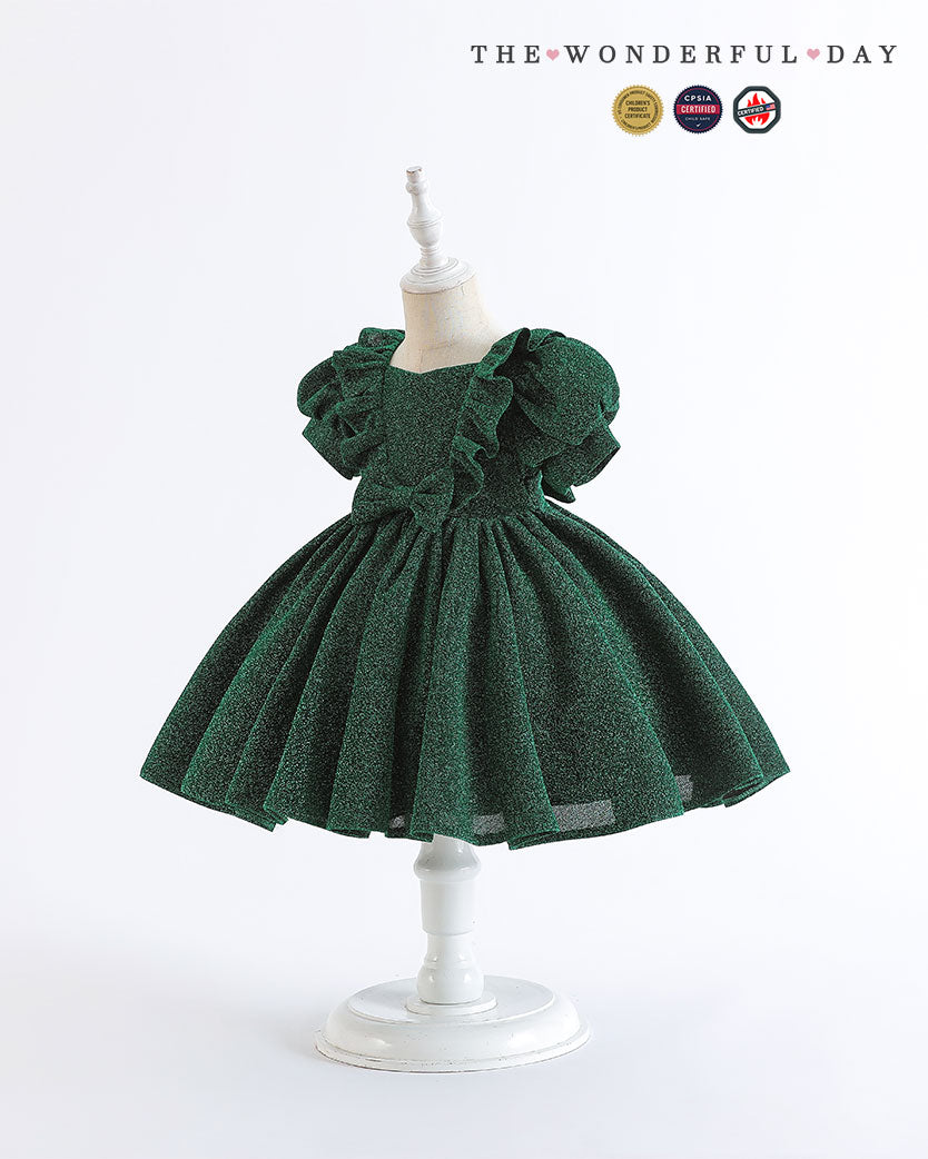 Classic Tweed Style Sparkle Puff Sleeve Princess Dress