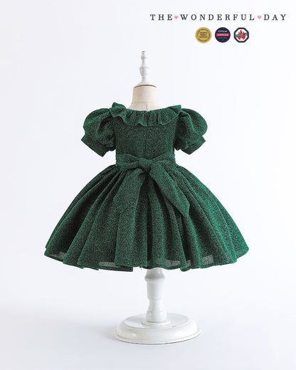 Classic Tweed Style Sparkle Puff Sleeve Princess Dress