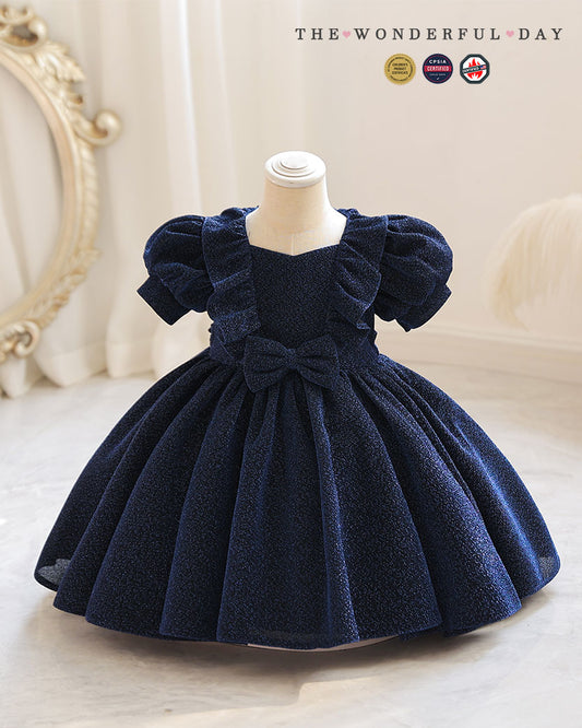 Classic Tweed Style Sparkle Puff Sleeve Princess Dress