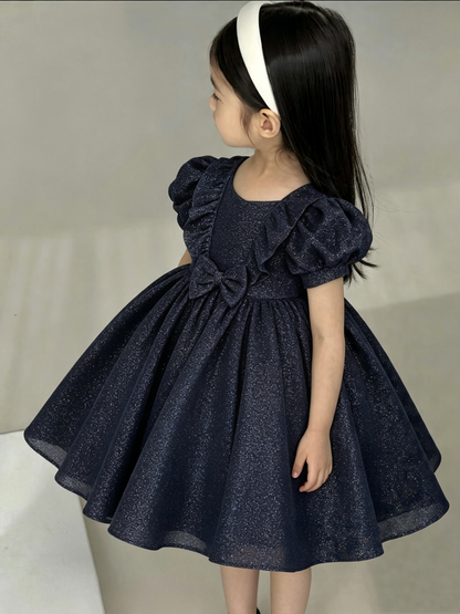 Classic Tweed Style Sparkle Puff Sleeve Princess Dress