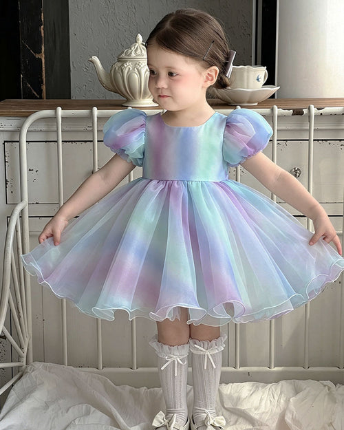 Summer Rainbow Gradient Puff Sleeve Tulle Dress