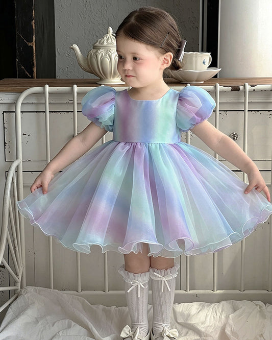 Summer Rainbow Gradient Puff Sleeve Tulle Dress