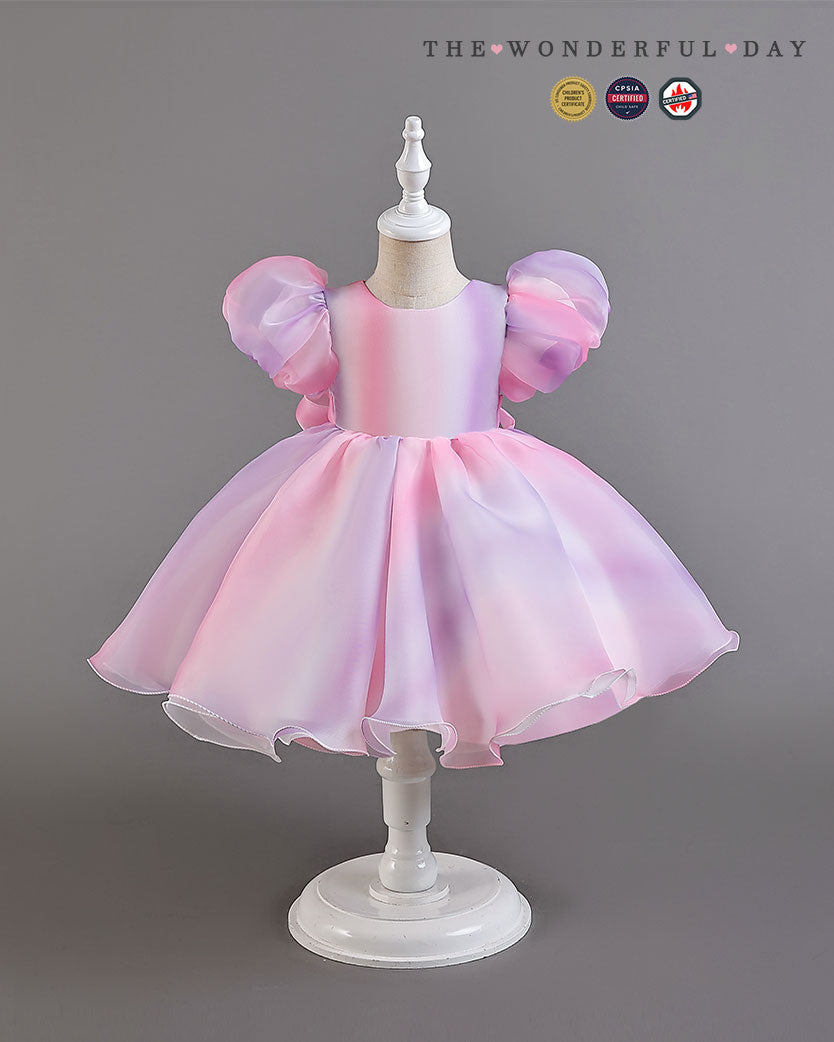 Summer Rainbow Gradient Puff Sleeve Tulle Dress