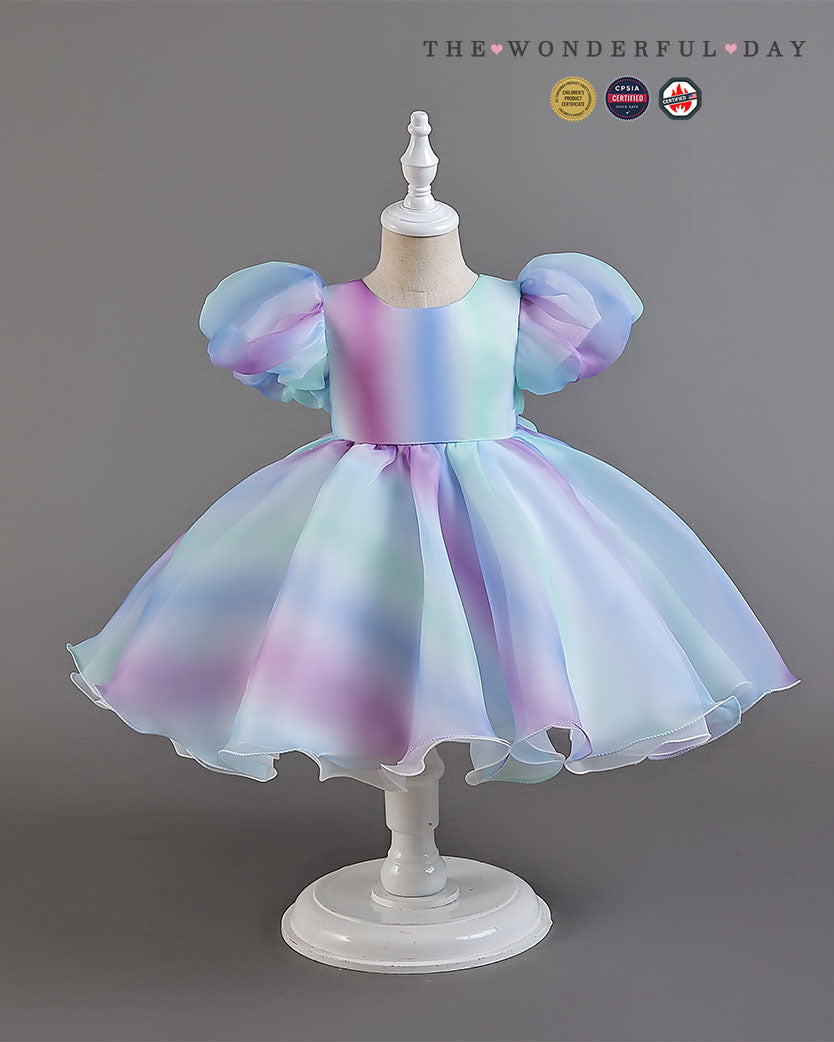 Summer Rainbow Gradient Puff Sleeve Tulle Dress