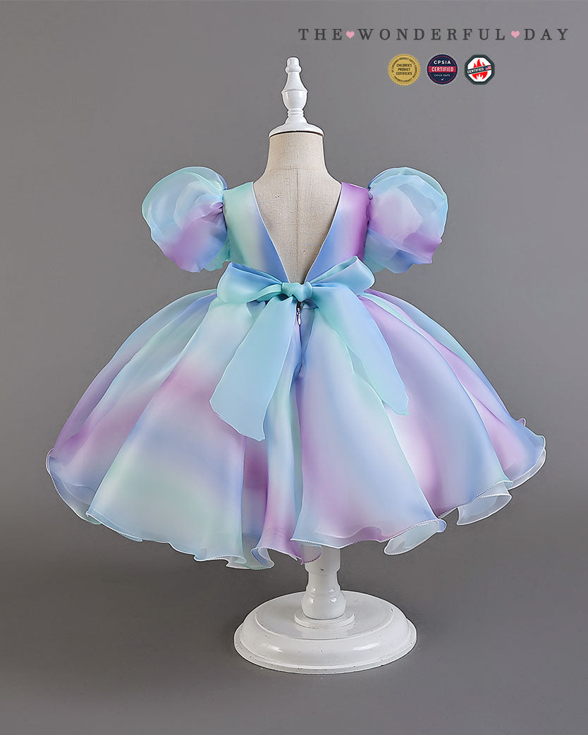 Summer Rainbow Gradient Puff Sleeve Tulle Dress