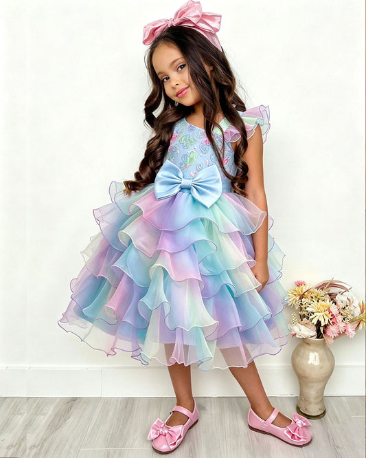 Rainbow Gradient One Shoulder Heart Embroidery Tier Ruffle Dress