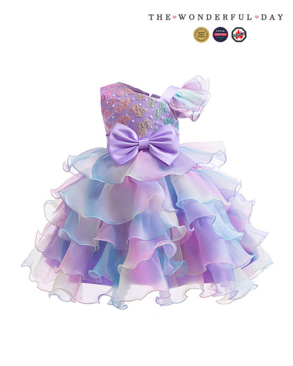 Rainbow Gradient One Shoulder Heart Embroidery Tier Ruffle Dress