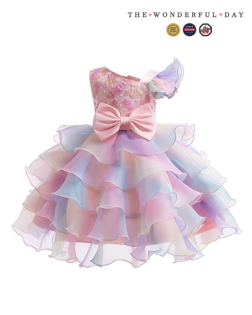 Rainbow Gradient One Shoulder Heart Embroidery Tier Ruffle Dress