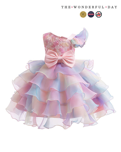 Rainbow Gradient One Shoulder Heart Embroidery Tier Ruffle Dress