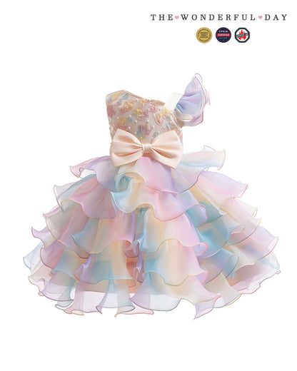 Rainbow Gradient One Shoulder Heart Embroidery Tier Ruffle Dress