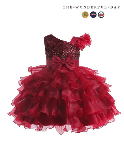 Rainbow Gradient One Shoulder Heart Embroidery Tier Ruffle Dress