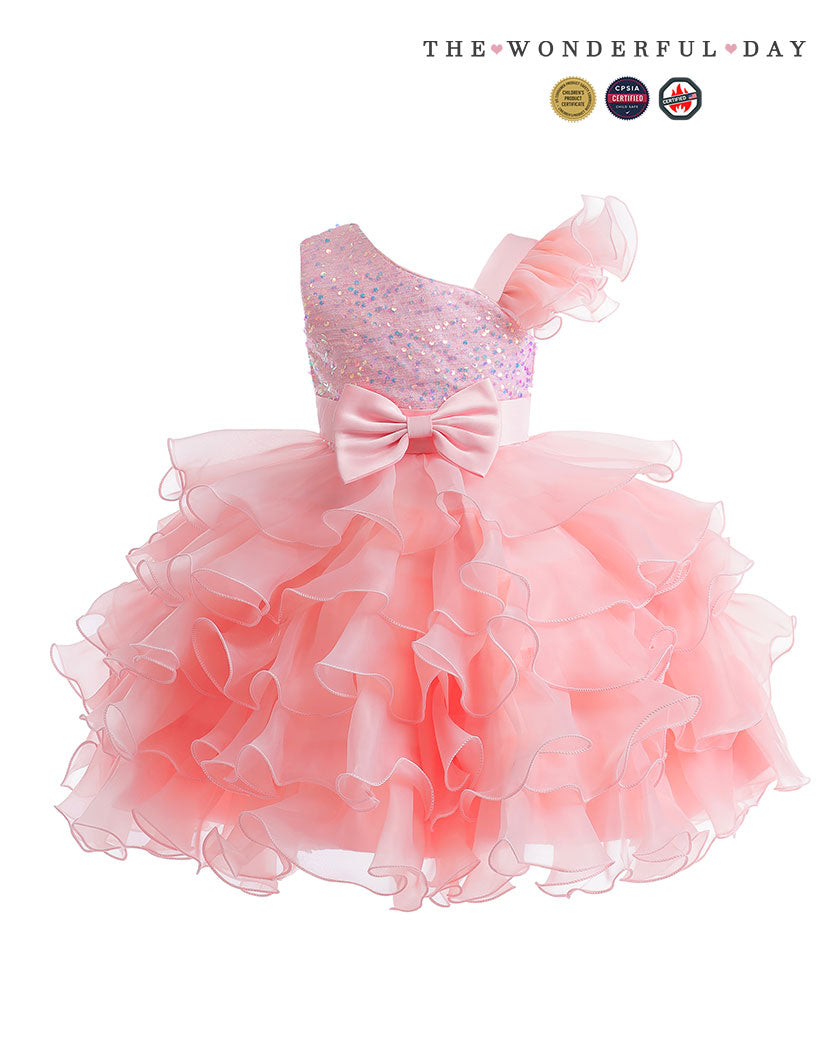 Rainbow Gradient One Shoulder Heart Embroidery Tier Ruffle Dress