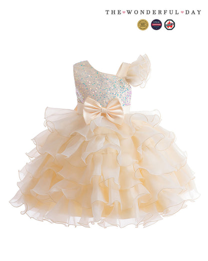 Rainbow Gradient One Shoulder Heart Embroidery Tier Ruffle Dress