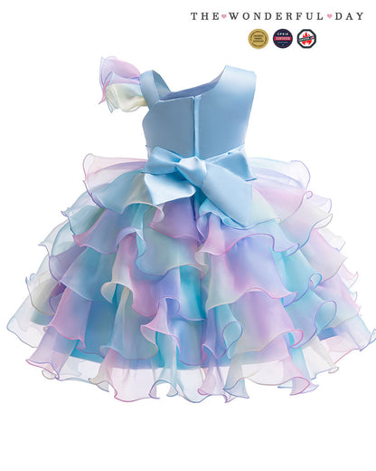 Rainbow Gradient One Shoulder Heart Embroidery Tier Ruffle Dress