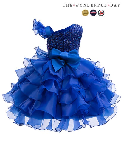 Rainbow Gradient One Shoulder Heart Embroidery Tier Ruffle Dress