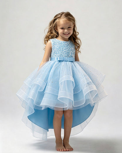 Queen Elsa-Inspired Sleeveless Sequin High-Low Tulle Princess Dress with Waist Bow