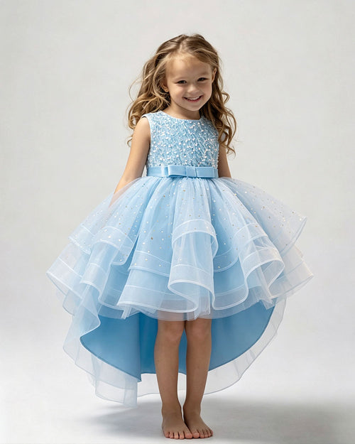 Queen Elsa-Inspired Sleeveless Sequin High-Low Tulle Princess Dress with Waist Bow