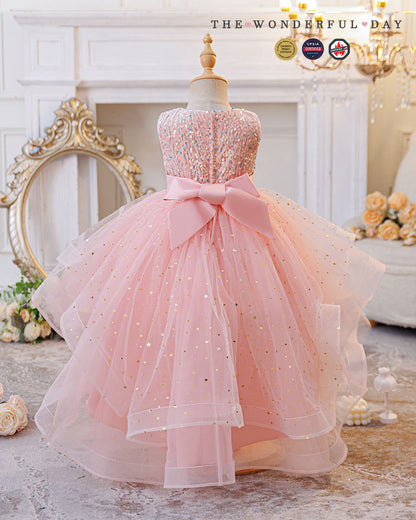 Queen Elsa-Inspired Sleeveless Sequin High-Low Tulle Princess Dress with Waist Bow