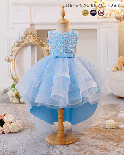 Queen Elsa-Inspired Sleeveless Sequin High-Low Tulle Princess Dress with Waist Bow