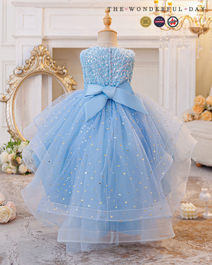 Queen Elsa-Inspired Sleeveless Sequin High-Low Tulle Princess Dress with Waist Bow