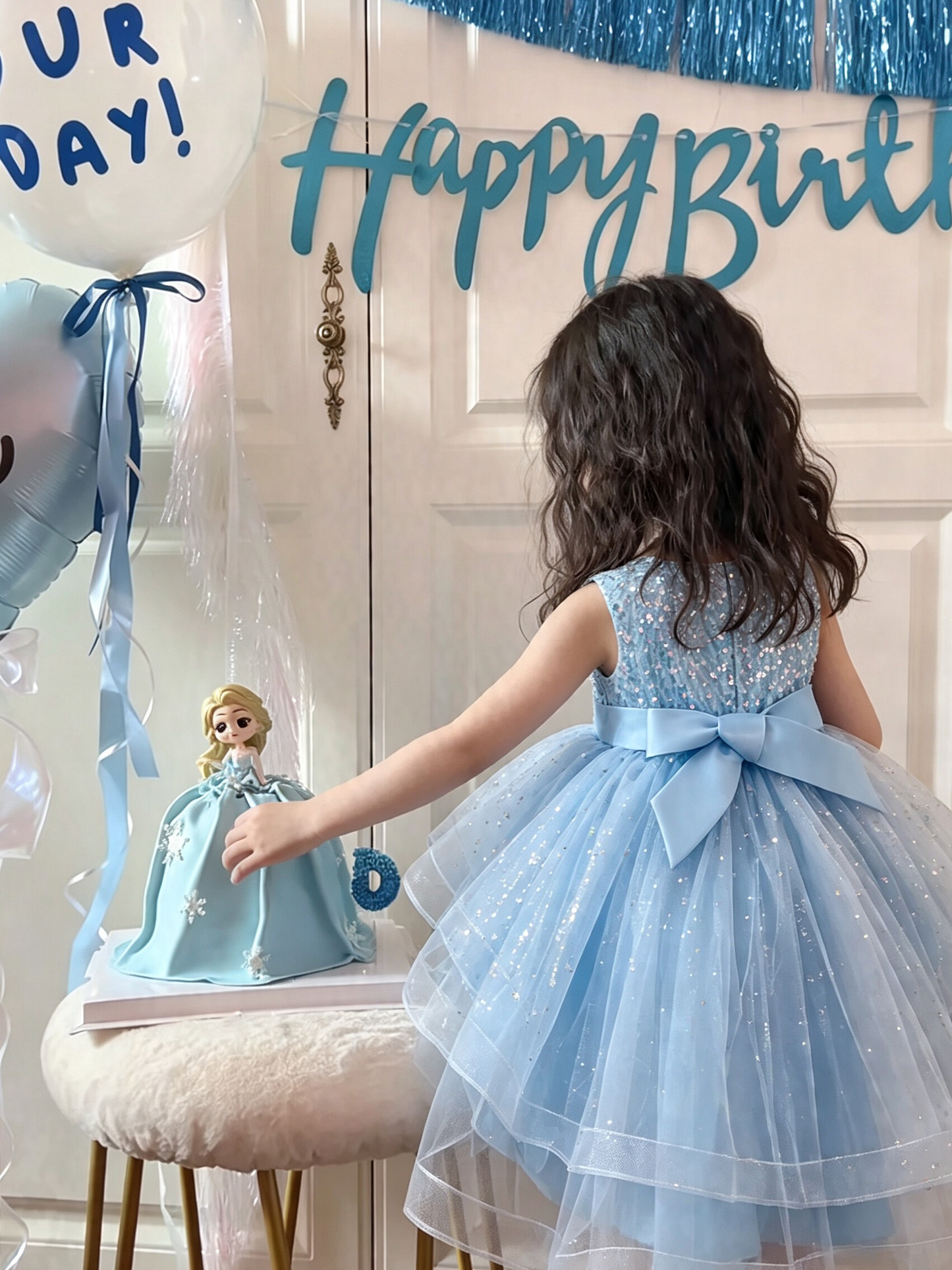 Queen Elsa-Inspired Sleeveless Sequin High-Low Tulle Princess Dress with Waist Bow
