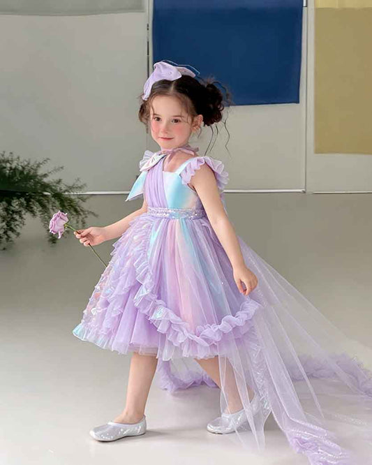 Girls Elegant White One-Shoulder Sequin Tulle Dress with Long Train
