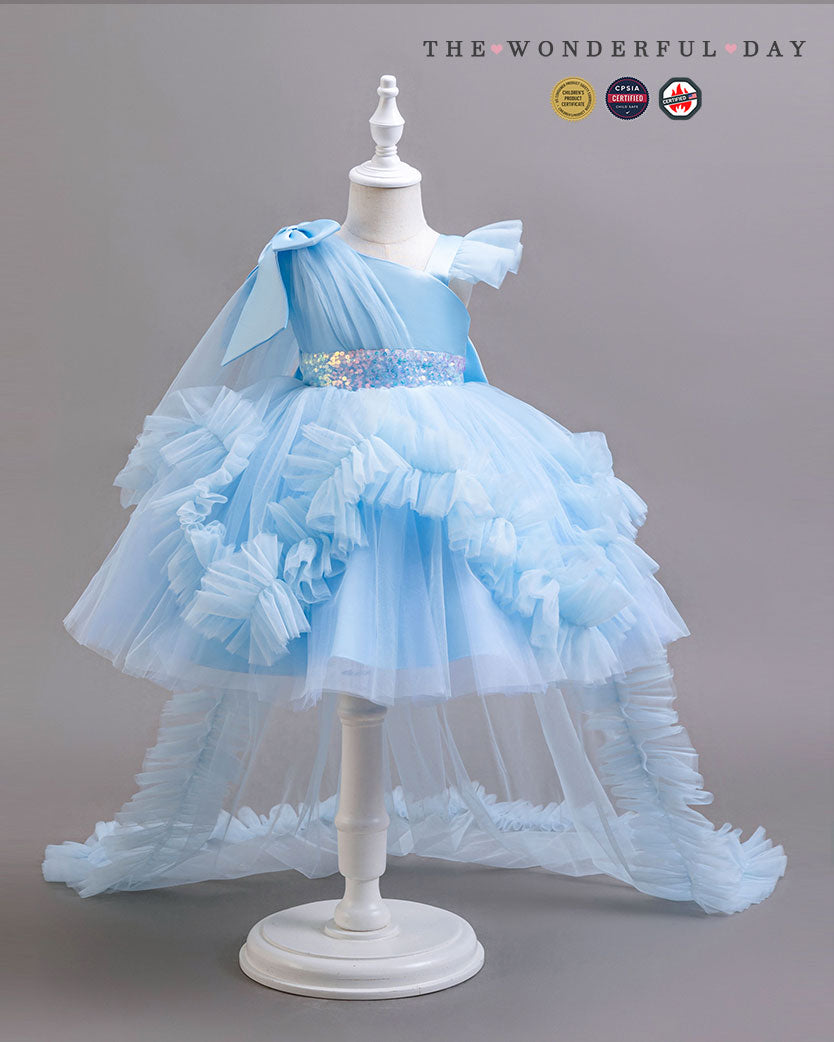 Girls Elegant White One-Shoulder Sequin Tulle Dress with Long Train