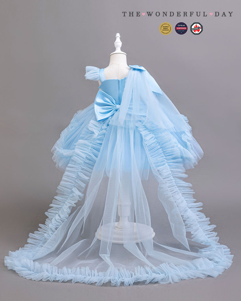 Girls Elegant White One-Shoulder Sequin Tulle Dress with Long Train