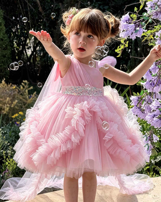 Girls Elegant One-Shoulder Sequin Tulle Dress with Detachable Long Train