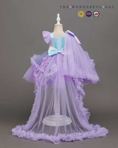 Girls Elegant White One-Shoulder Sequin Tulle Dress with Long Train