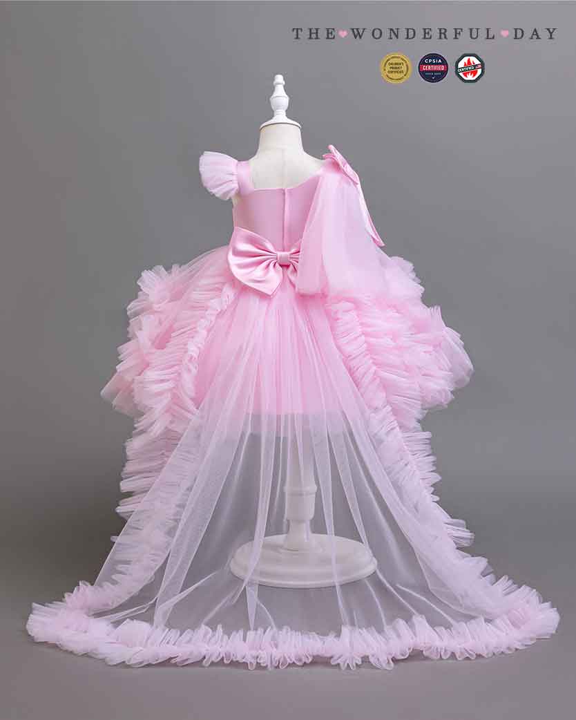 Girls Elegant White One-Shoulder Sequin Tulle Dress with Long Train