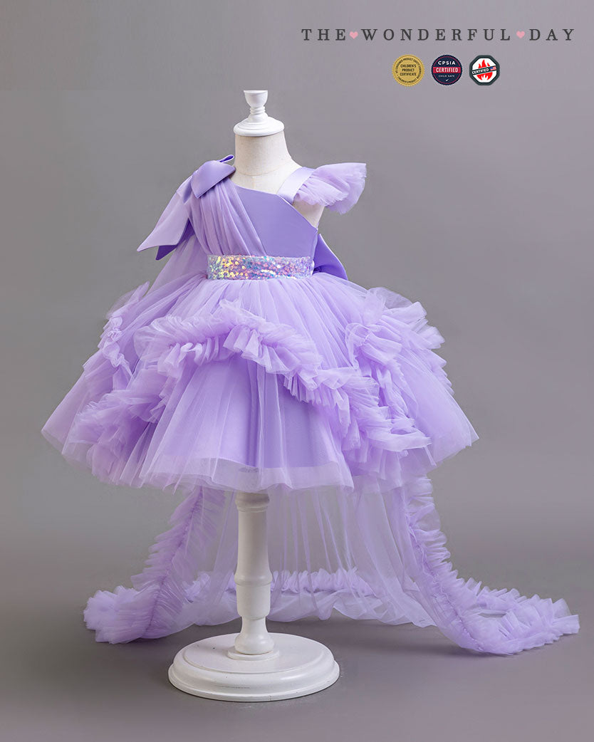 Girls Elegant White One-Shoulder Sequin Tulle Dress with Long Train