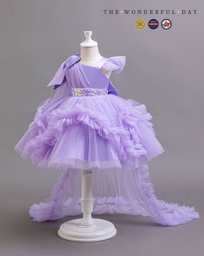 Girls Elegant White One-Shoulder Sequin Tulle Dress with Long Train