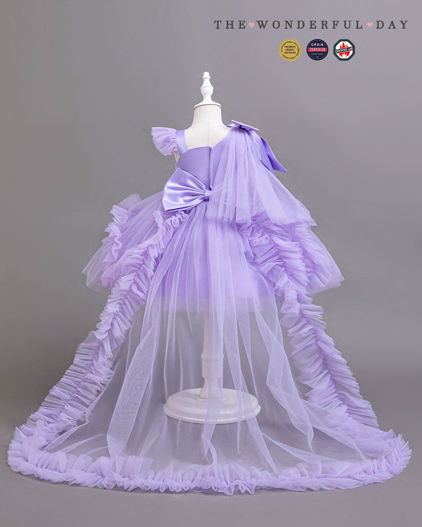 Girls Elegant White One-Shoulder Sequin Tulle Dress with Long Train