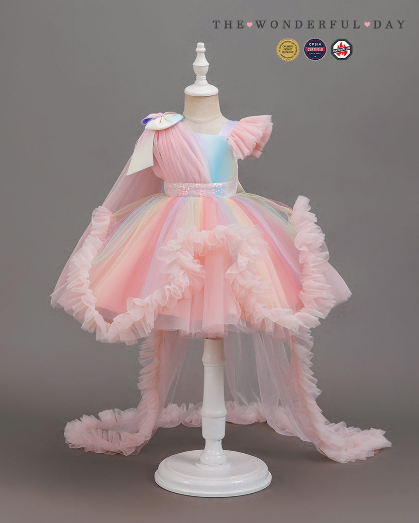 Girls Elegant White One-Shoulder Sequin Tulle Dress with Long Train