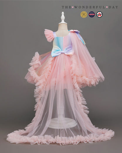 Girls Elegant White One-Shoulder Sequin Tulle Dress with Long Train