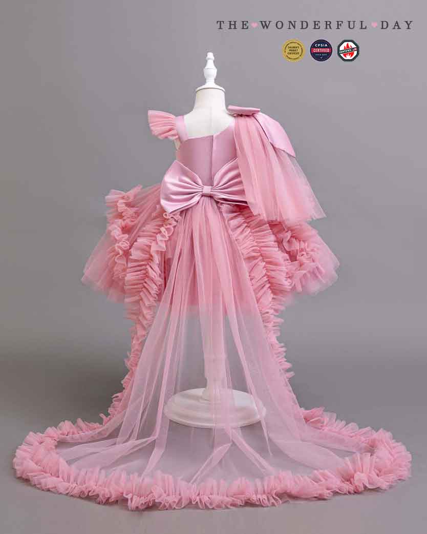 Girls Elegant White One-Shoulder Sequin Tulle Dress with Long Train