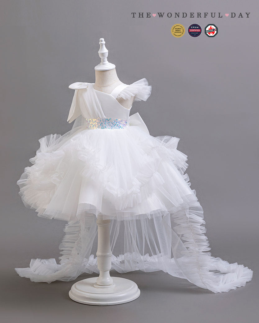 Girls Elegant White One-Shoulder Sequin Tulle Dress with Long Train