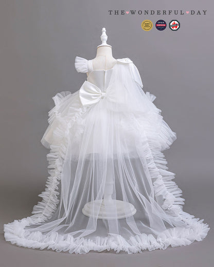 Girls Elegant White One-Shoulder Sequin Tulle Dress with Long Train