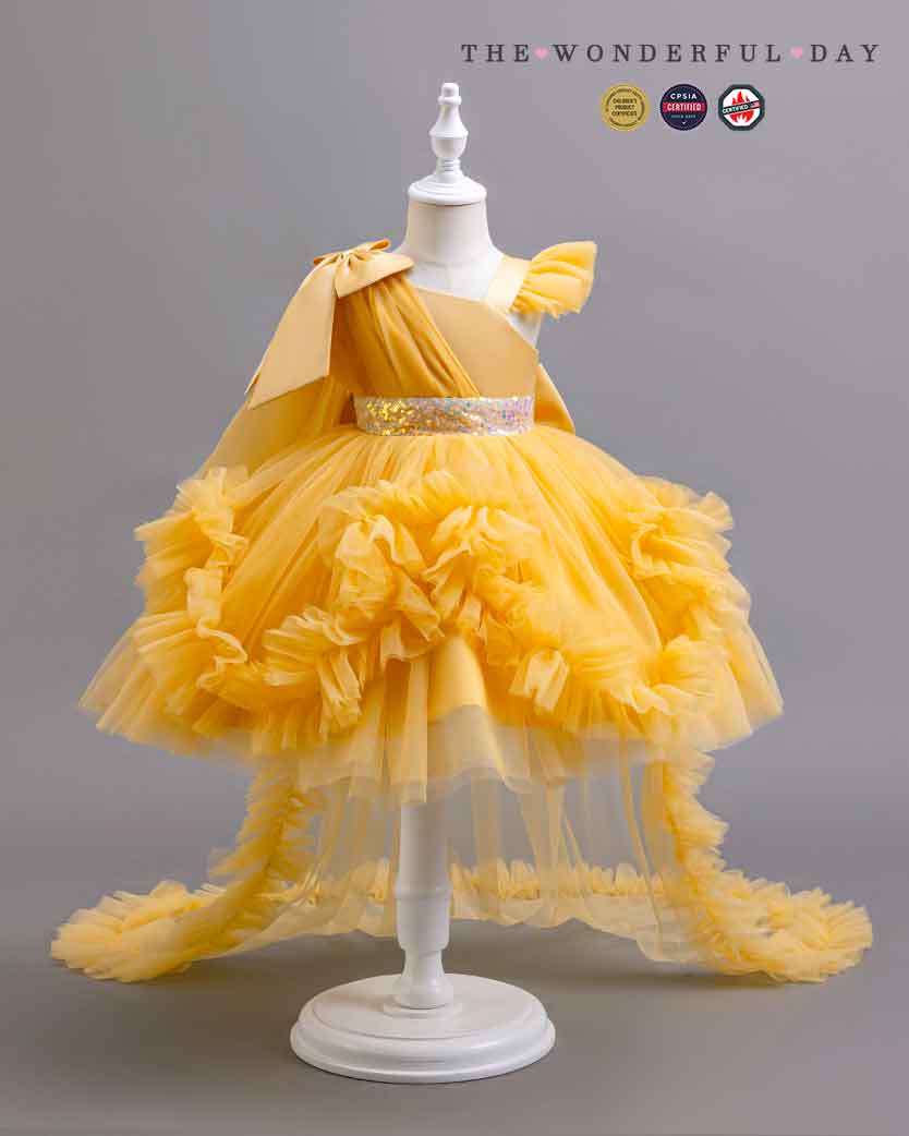 Girls Elegant White One-Shoulder Sequin Tulle Dress with Long Train