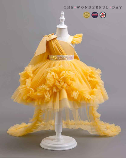 Girls Elegant White One-Shoulder Sequin Tulle Dress with Long Train