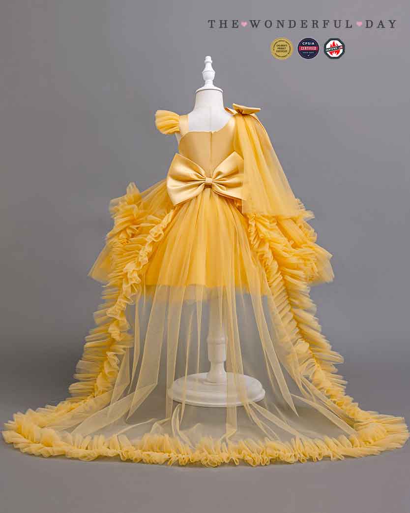 Girls Elegant White One-Shoulder Sequin Tulle Dress with Long Train