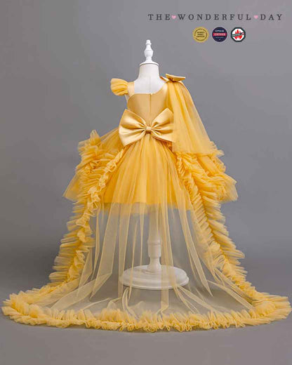 Girls Elegant White One-Shoulder Sequin Tulle Dress with Long Train