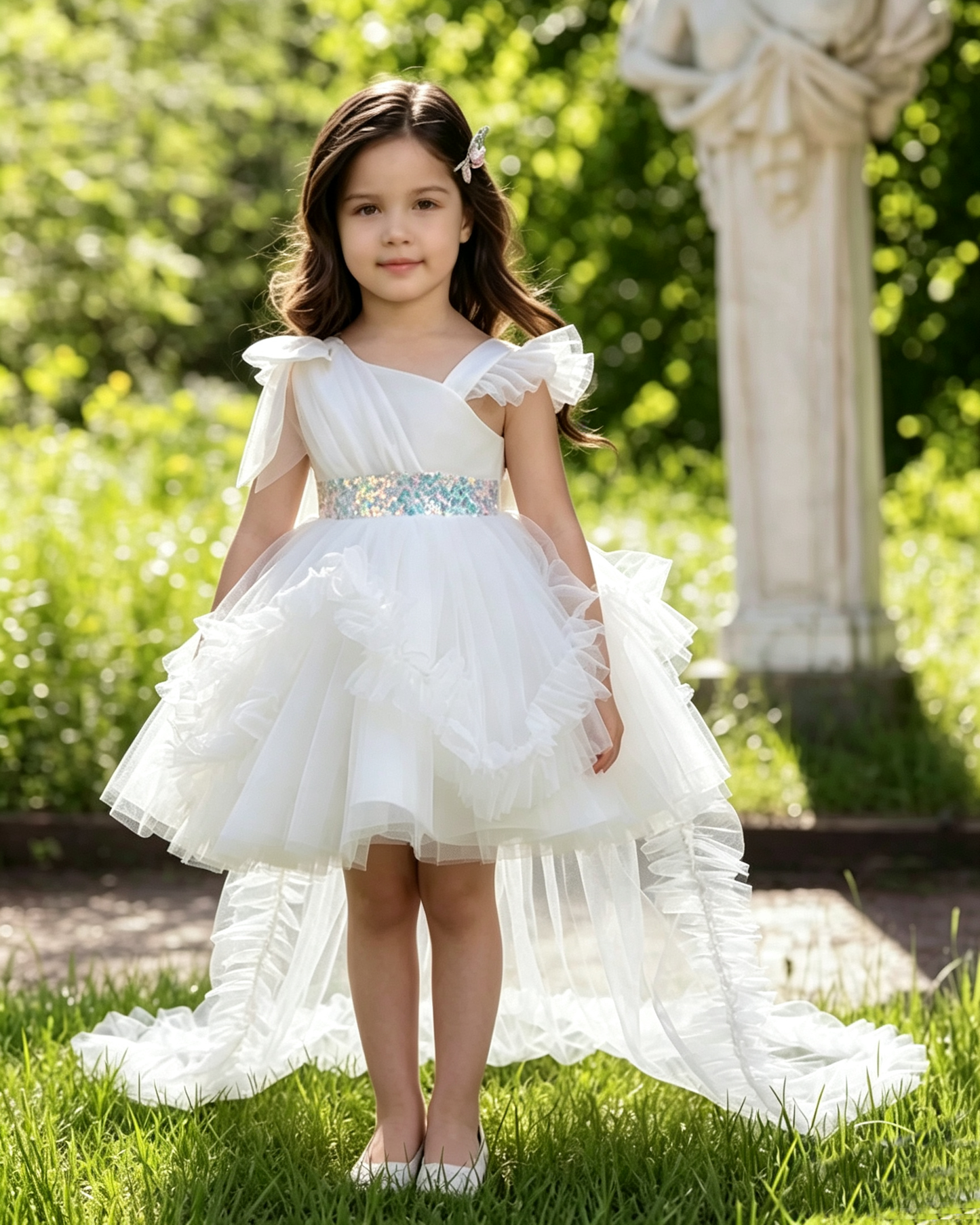 Girls Elegant White One-Shoulder Sequin Tulle Dress with Long Train