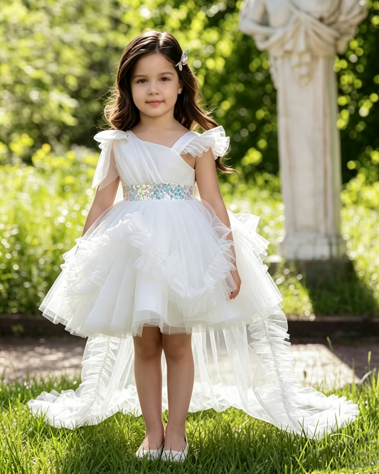 Girls Elegant White One-Shoulder Sequin Tulle Dress with Long Train