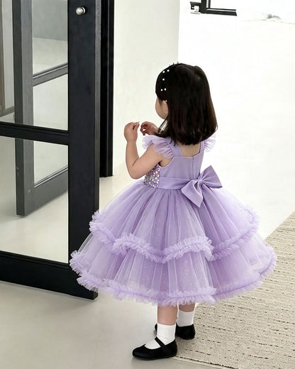 Cute Flutter Sleeve Sequin Tiered Ruffle Tulle Princess Dress
