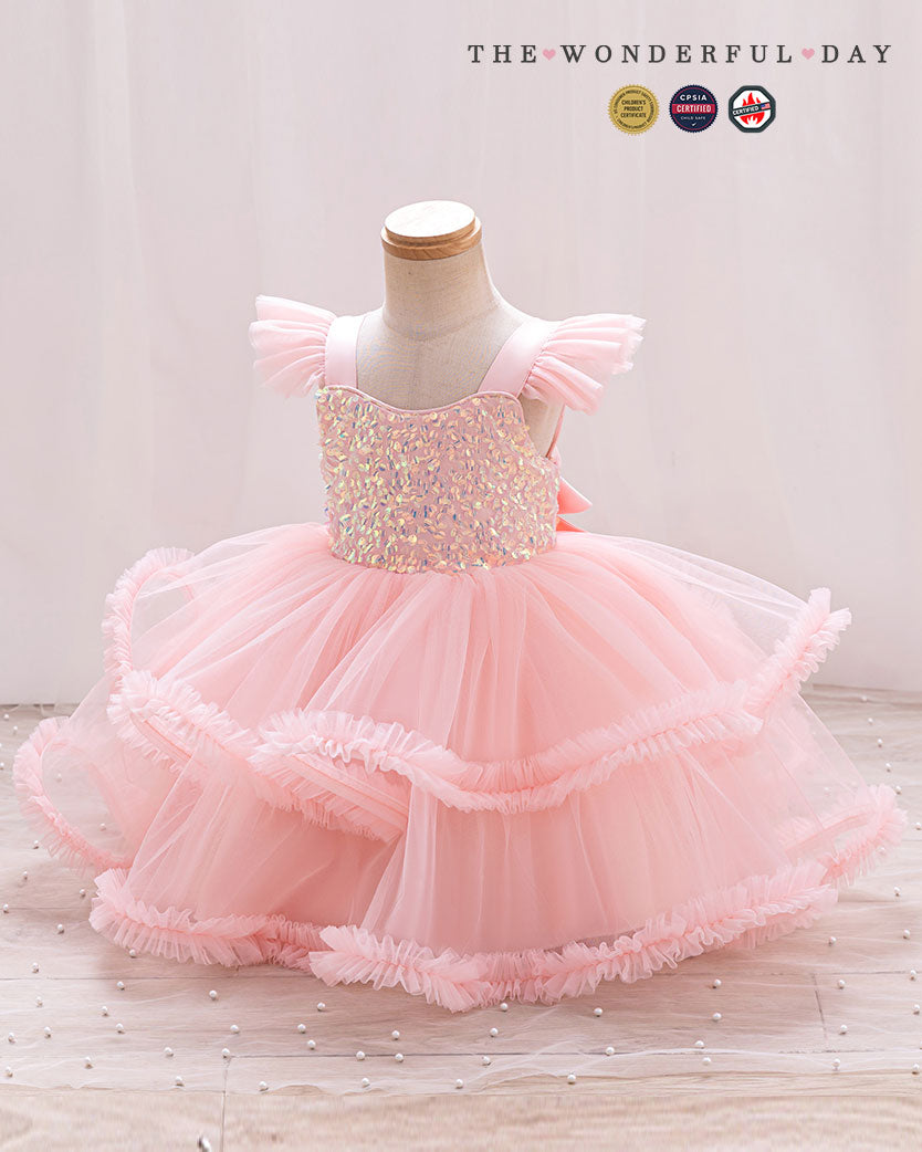 Cute Flutter Sleeve Sequin Tiered Ruffle Tulle Princess Dress
